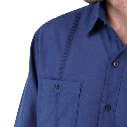 Men's Classic Cut Navy Blue Long Sleeve Guayabera with Pleats and Linen Texture