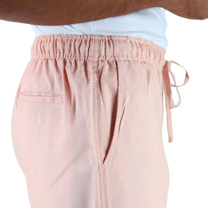 Men's Pink Elastic Adjustable Linen Texture Shorts with Pockets