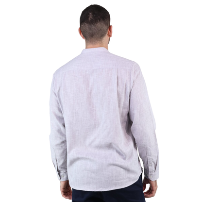 Men's Gray Linen Texture Long Sleeve Slim Fit Mandarin Collar Shirt