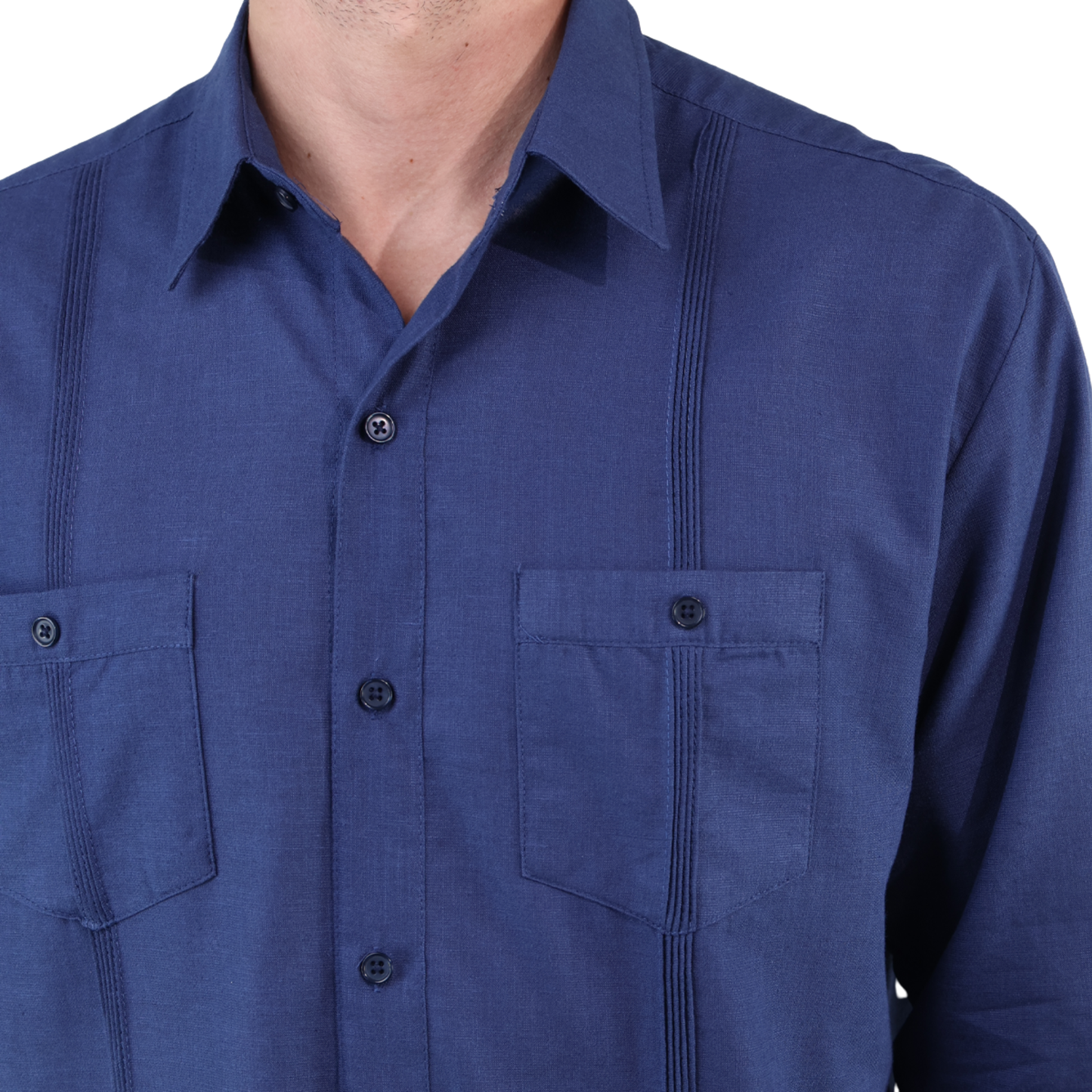 Men's Classic Cut Navy Blue Long Sleeve Guayabera with Pleats and Linen Texture