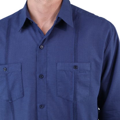 Men's Classic Cut Navy Blue Long Sleeve Guayabera with Pleats and Linen Texture
