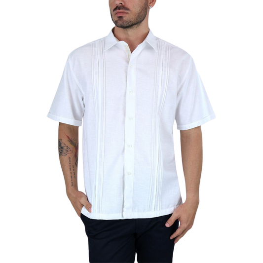 Camisa Manga Corta Color Arena  Look Lino Con Alforzas Para Caballero