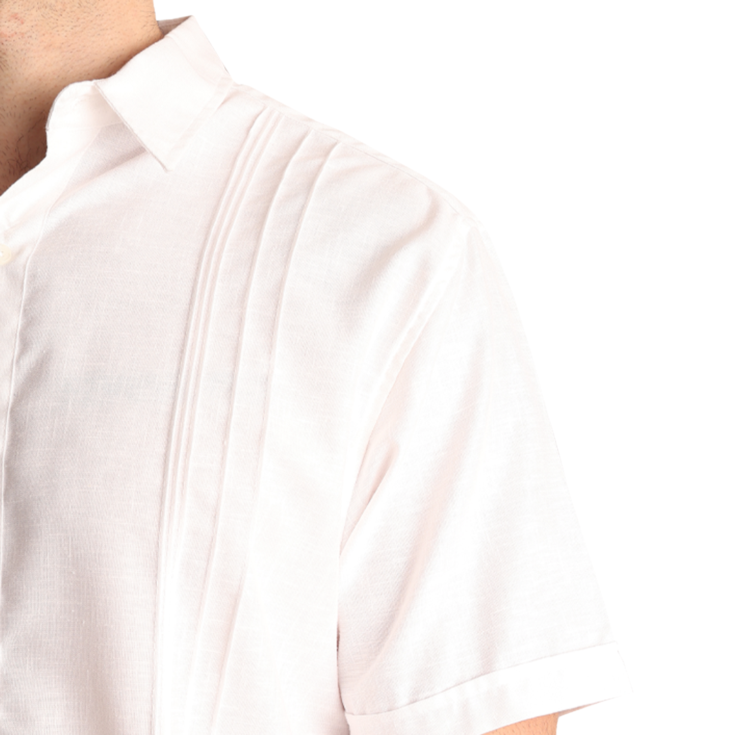 Men's White Short-Sleeve Guayabera with Pin Tucks and Linen Look