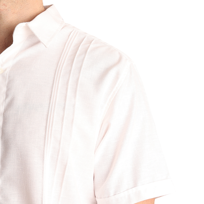 Men's White Short-Sleeve Guayabera with Pin Tucks and Linen Look