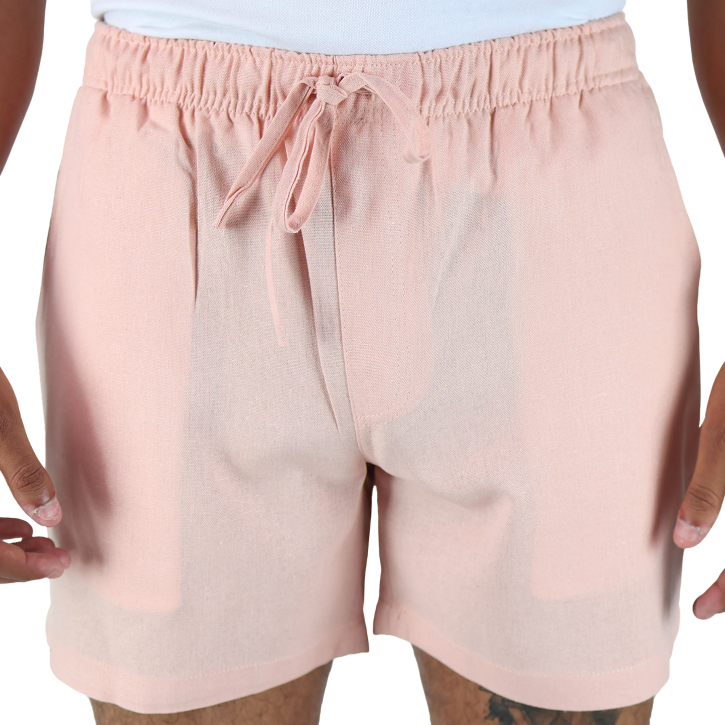 Men's Pink Elastic Adjustable Linen Texture Shorts with Pockets