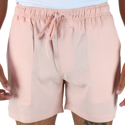 Men's Pink Elastic Adjustable Linen Texture Shorts with Pockets