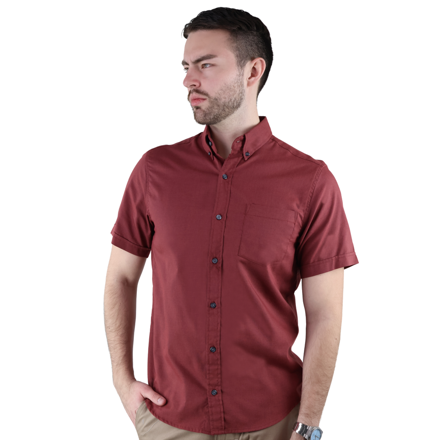 Men's Burgundy Short Sleeve Regular Fit Cotton Shirt