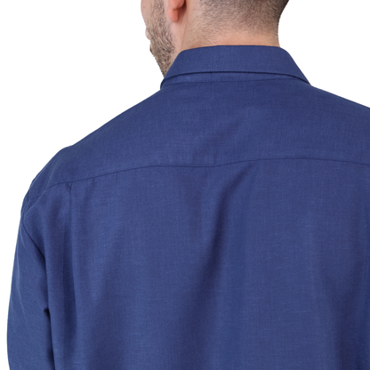 Men's Classic Cut Navy Blue Long Sleeve Guayabera with Pleats and Linen Texture