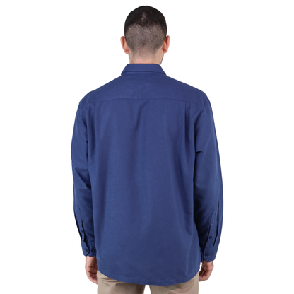 Men's Classic Cut Navy Blue Long Sleeve Guayabera with Pleats and Linen Texture