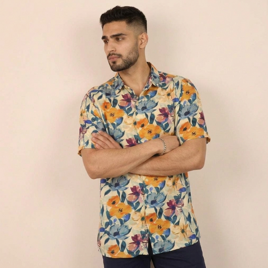 Camisa Tropical Hombre Manga Corta Corte Relax Moderna
