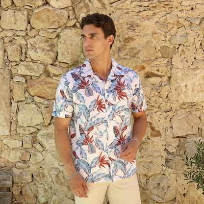Camisa Hombre Tropical Hojas Manga Corta Diseño Moderno