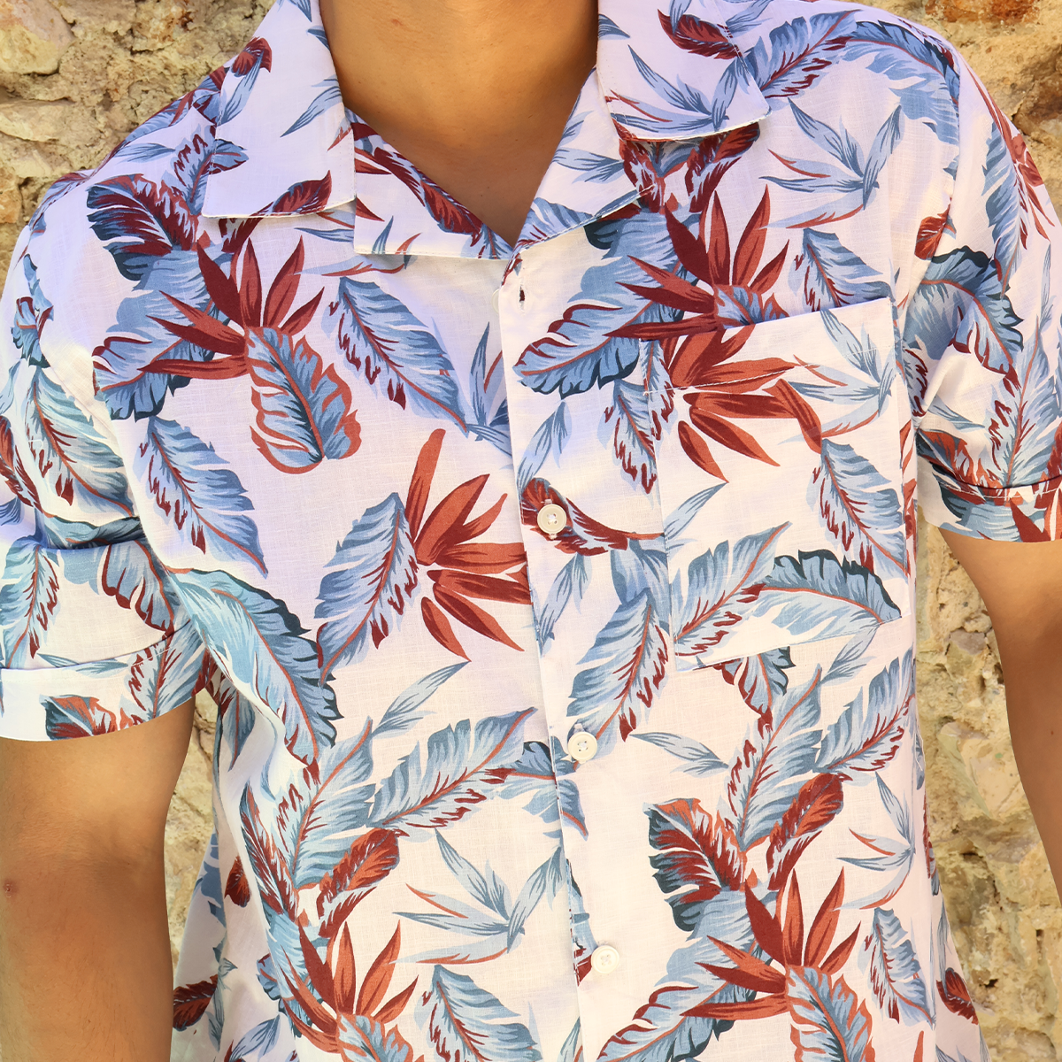 Camisa Hombre Tropical Hojas Manga Corta Diseño Moderno