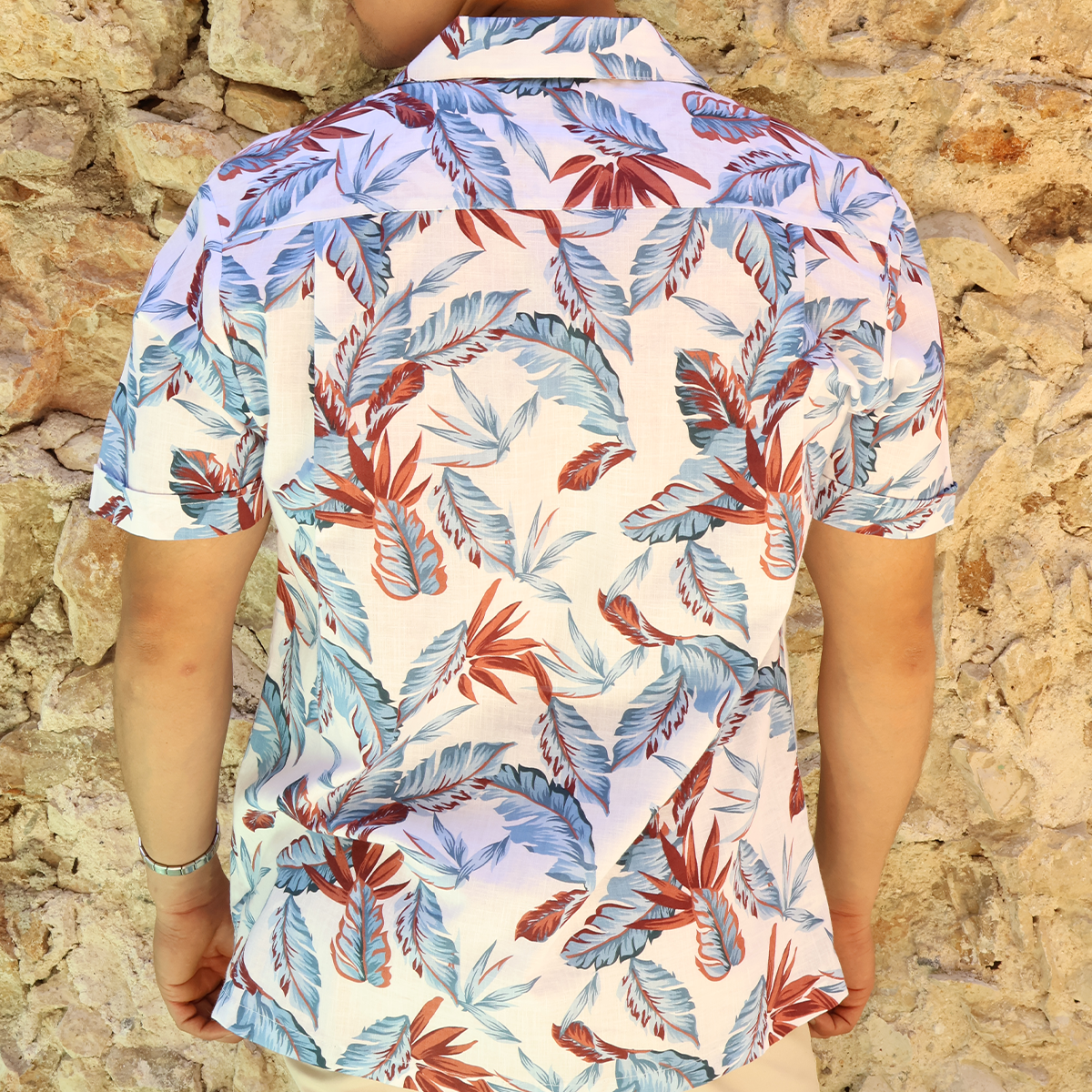 Camisa Hombre Tropical Hojas Manga Corta Diseño Moderno