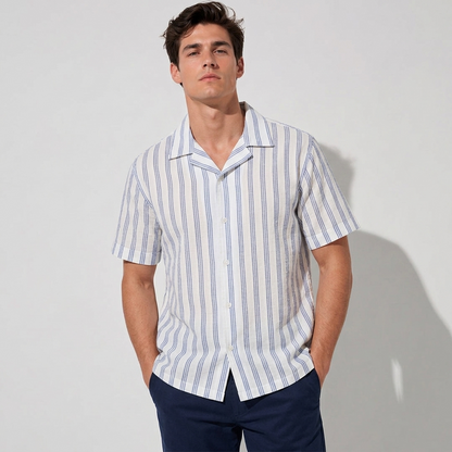 Camisa Hombre Estampado Vertical Azul con Blanco de Algodón Corte Loose Fit