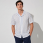 Camisa Hombre Estampado Vertical Azul con Blanco de Algodón Corte Loose Fit
