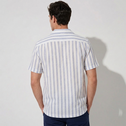 Camisa Hombre Estampado Vertical Azul con Blanco de Algodón Corte Loose Fit