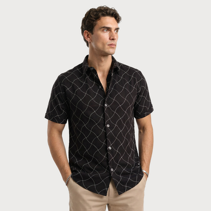 Camisa Moderna Hombre Manga Corta Estampado Lineal Negro con Blanco
