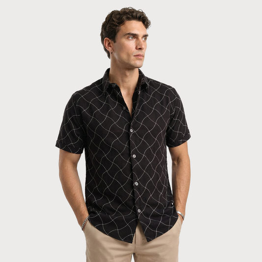 Camisa Moderna Hombre Manga Corta Estampado Lineal Negro con Blanco