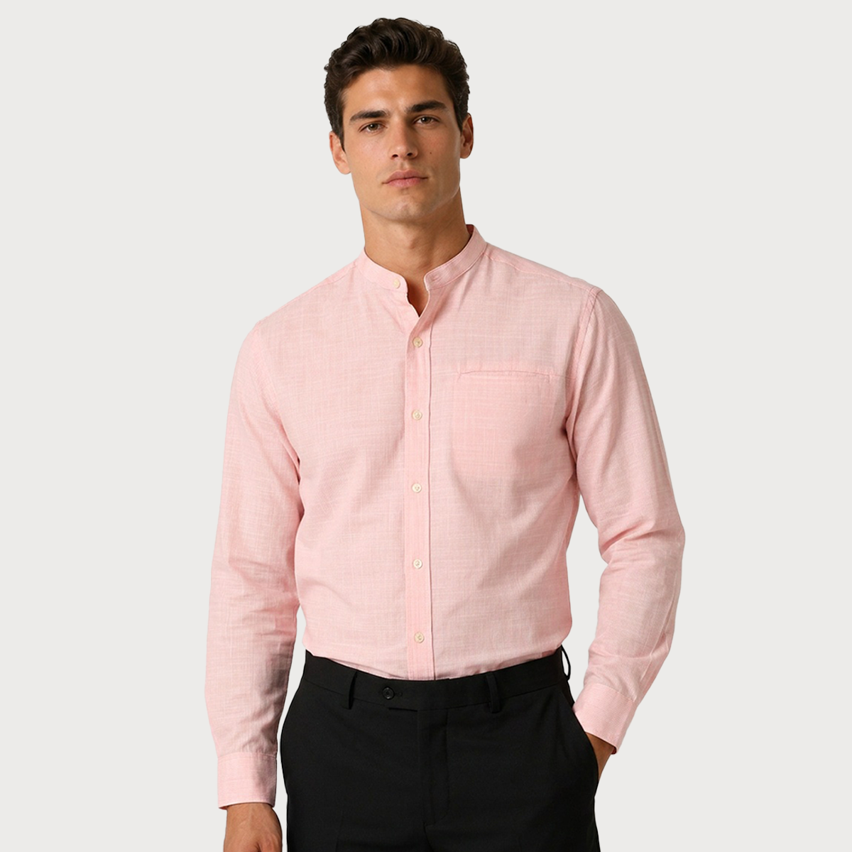 Camisa Coral Hombre Cuello Mao Jaspeada con Bolsa Moderna