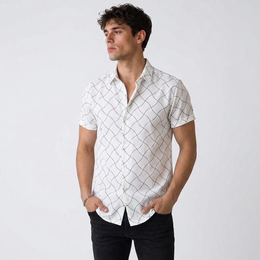 Camisa Hombre Estampado Lineal Blanco con Negro Manga Corta Elegante