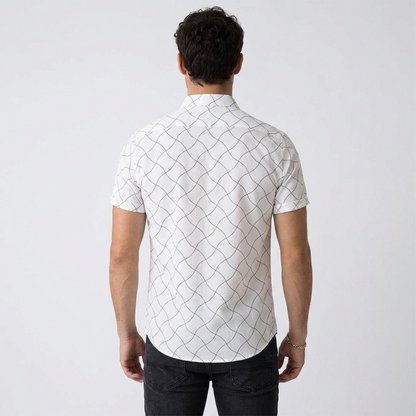 Camisa Hombre Estampado Lineal Blanco con Negro Manga Corta Elegante