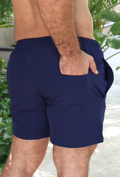 Bañador Liso Color Azul Marino Con Bolsas Elástico Ajustable Para Hombre