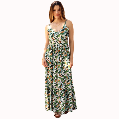 Women's Long V-Neck Dress with Back Adjustment, Light, Fresh, Printed
