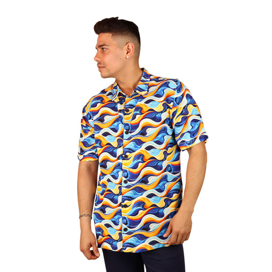 Camisa Hombre Estampado Tropical Corte Relax Manga Corta Moderna