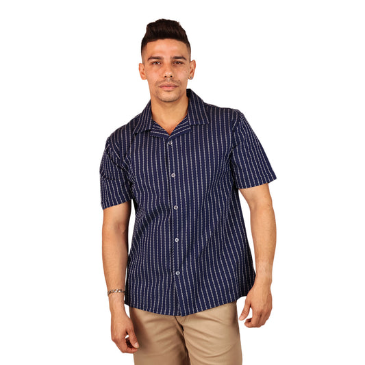 Camisa Azul Marino Estampado Casual Hombre Loose Fit Algodón