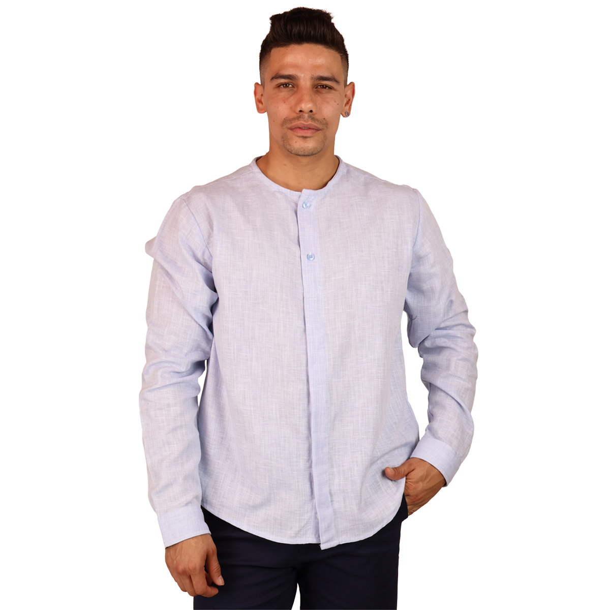 Camisa Azul Manga Larga Hombre Cuello Redondo Textura Moderna