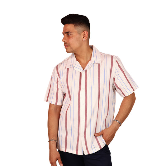 Camisa Hombre Estampado Vertical Cuello Resort de Algodón Corte Loose Fit