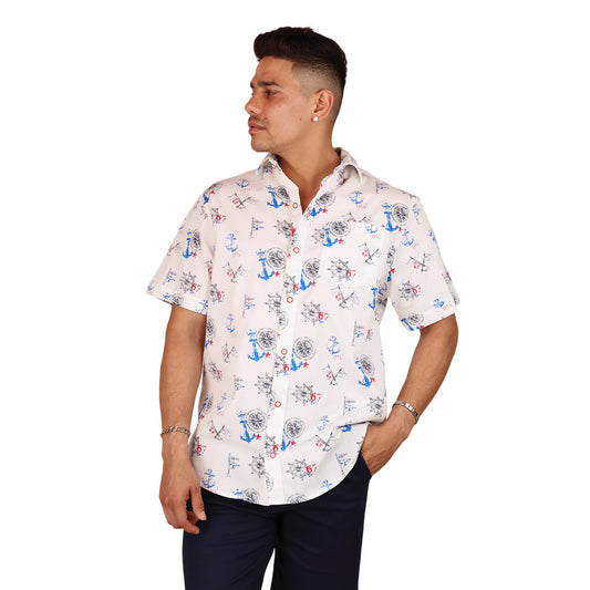 Camisa Estampada Nautica Hombre Manga Corta Fresca de Algodon