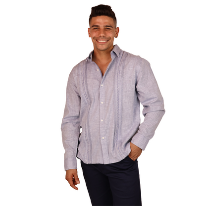 Guayabera Manga Larga Azul Plúmbago Jaspe con Alforzas Hombre