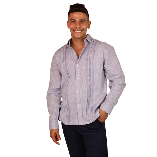 Guayabera Manga Larga Azul Plúmbago Jaspe con Alforzas Hombre