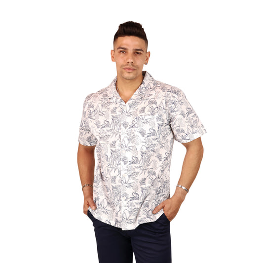 Camisa Floral Line Art Tropical Hombre Manga Corta Casual