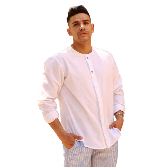 Camisa Blanca Hombre Manga Larga Cuello Redondo Texturizada Moderna