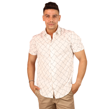 Camisa Hombre Estampado Lineal Blanco con Negro Manga Corta Elegante