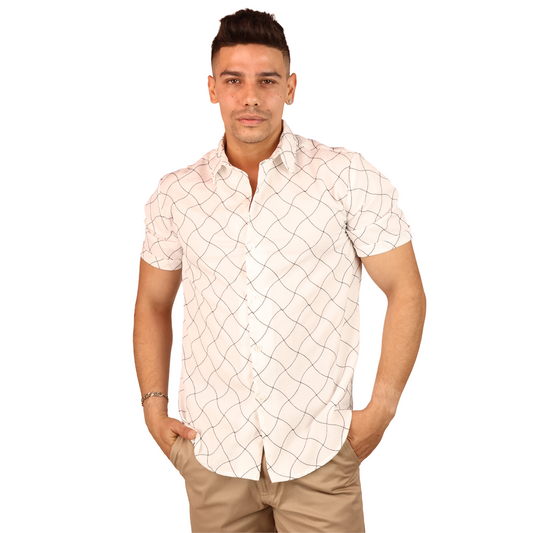 Camisa Hombre Estampado Lineal Blanco con Negro Manga Corta Elegante