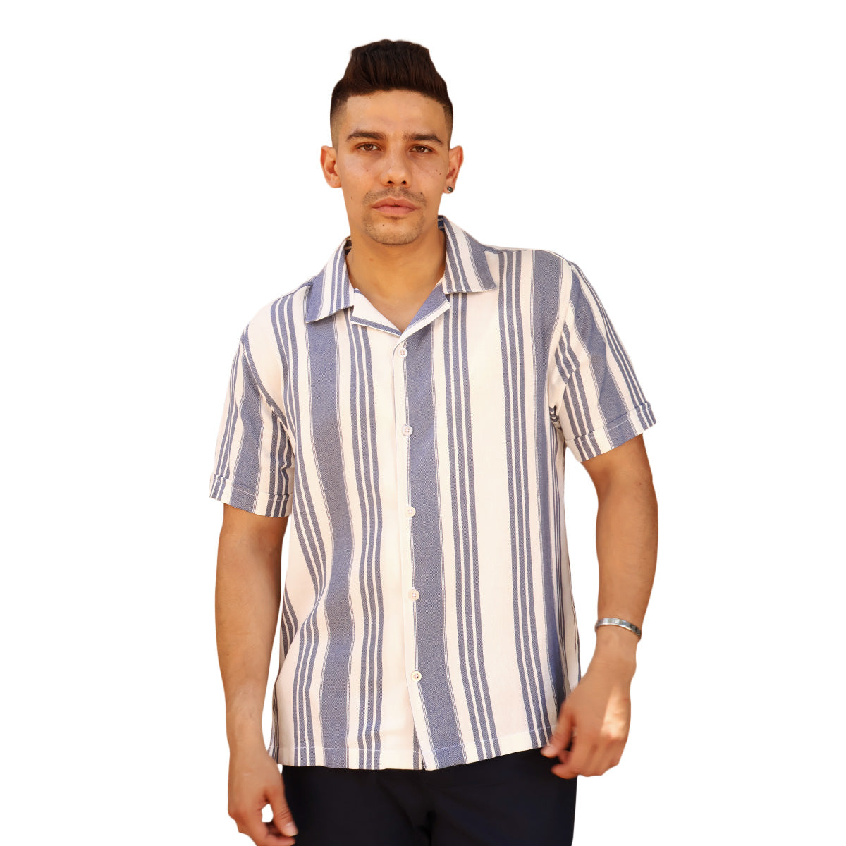 Camisa Hombre Loose Fit Estampado Vertical Cuello Resort Tela Algodón
