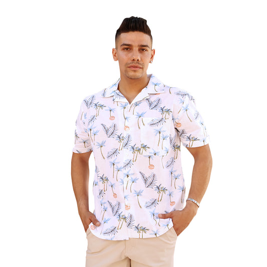Camisa Hombre Manga Corta Estampado Tropical Moderna Cuello Resort