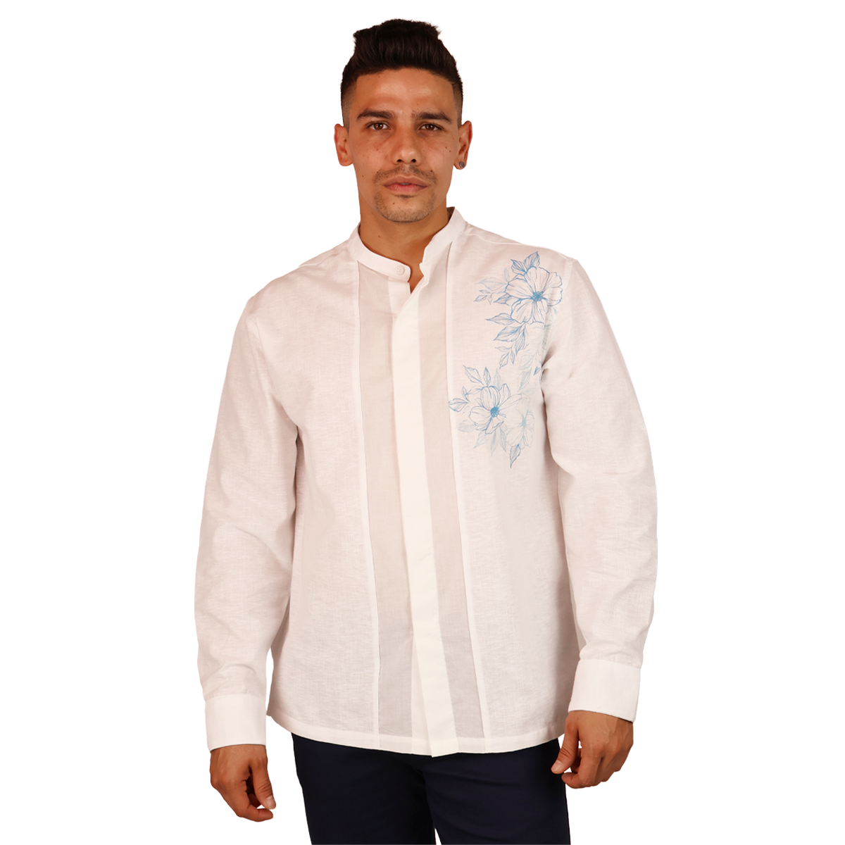 Camisa Hombre Blanca Cuello Mao Serigrafía Floral Moderna