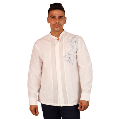 Camisa Hombre Blanca Cuello Mao Serigrafía Floral Moderna