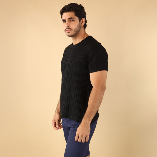 Playera Negra Ajustada Hombre Manga Corta Textura Moderna