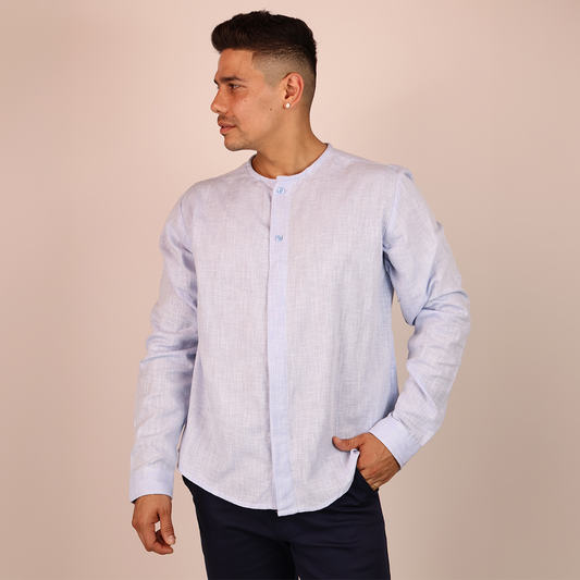 Camisa Azul Manga Larga Hombre Cuello Redondo Textura Moderna