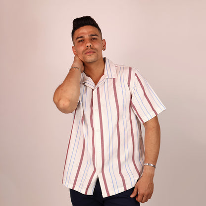 Men's Vertical Print Resort Collar Cotton Loose Fit Shirt
