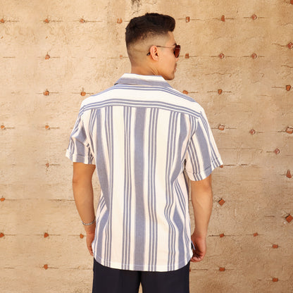 Camisa Hombre Loose Fit Estampado Vertical Cuello Resort Tela Algodón