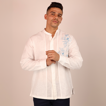 Camisa Hombre Blanca Cuello Mao Serigrafía Floral Moderna