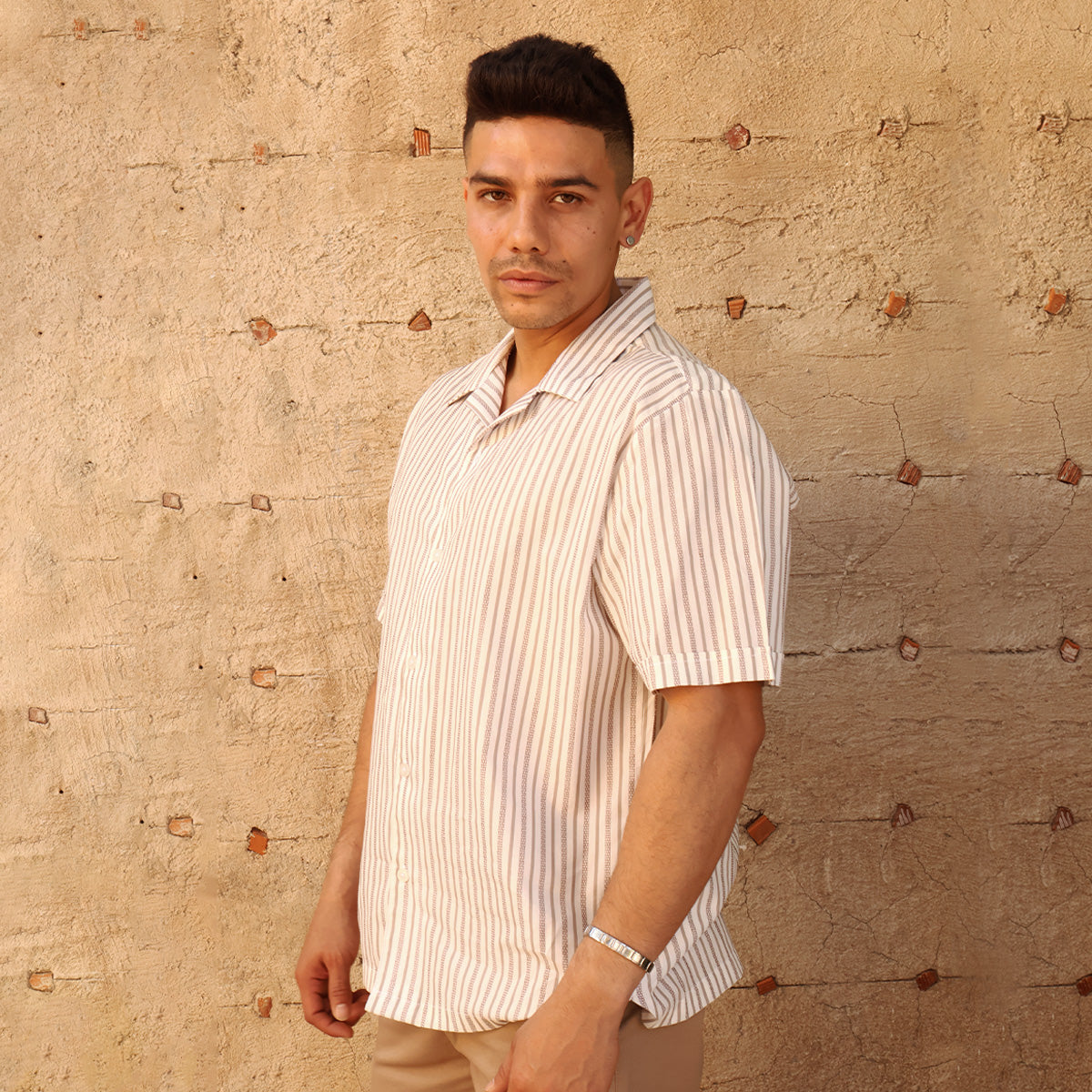 Men's Cotton Loose Fit Vertical Print Khaki and White Short Sleeve Shirt