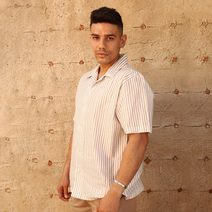 Men's Cotton Loose Fit Vertical Print Khaki and White Short Sleeve Shirt