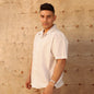 Men's Cotton Loose Fit Vertical Print Khaki and White Short Sleeve Shirt